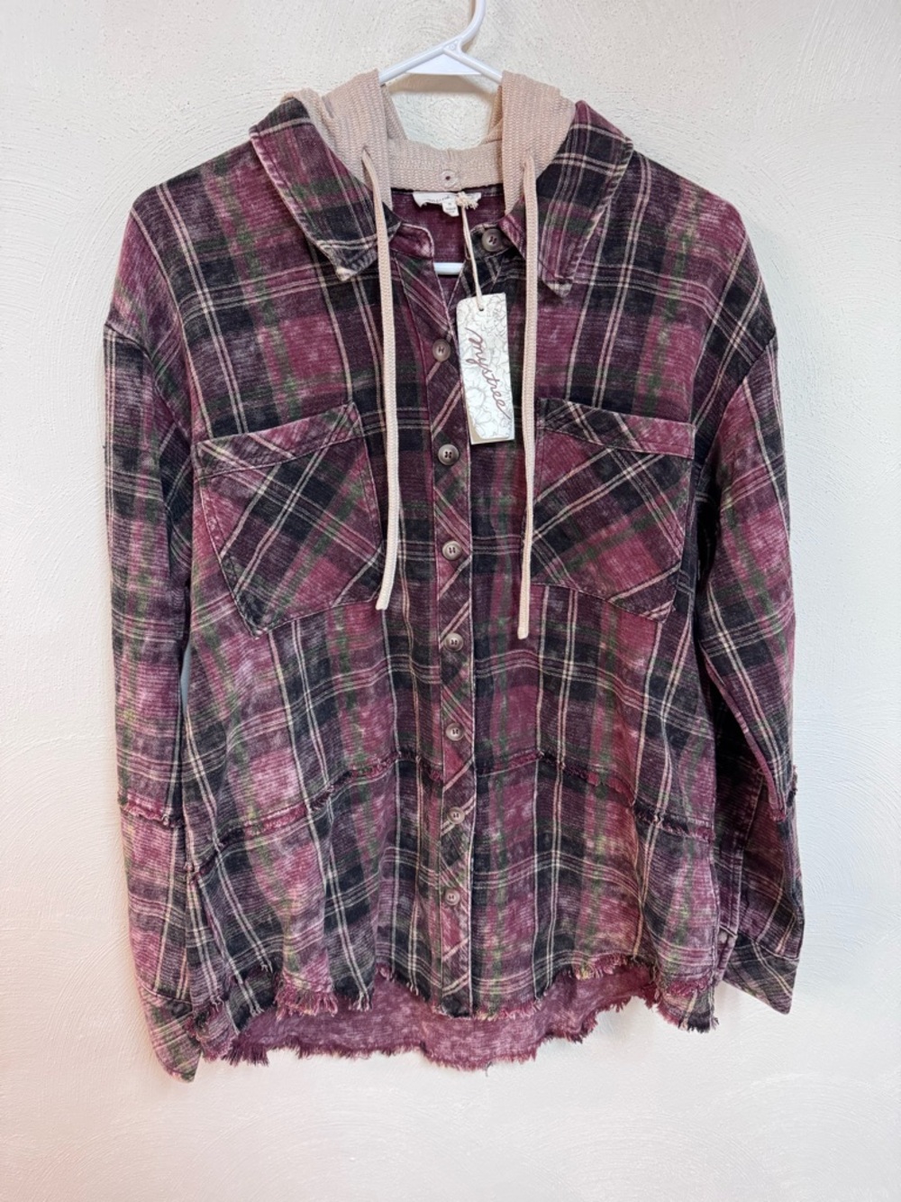 Mystree Plaid Hooded Long Sleeve Button-Up Shirt M flannel shirt jacket